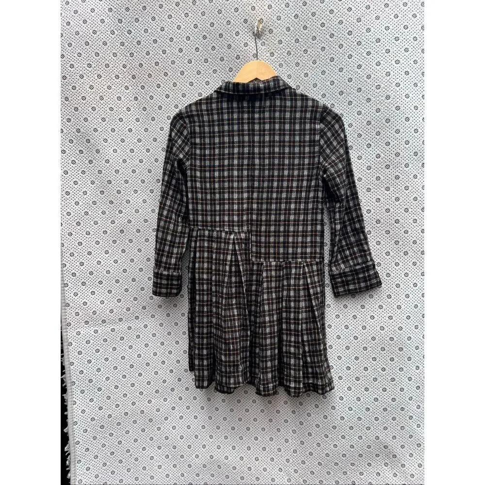 ZARA Girls Long Sleeve Asymmetric Pleated Dress Size 9-10 Black/Brown Plaid